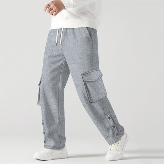 PNTUTB Men's Fashion Solid Color Elastic Waist Drawstring Pants with Snap Button Cuff Slits and Multiple Pockets