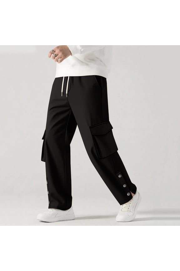 Men's Fashion Solid Color Elastic Waist Drawstring Pants with Snap Button Cuff Slits and Multiple Pockets