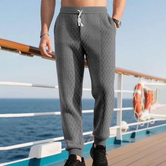 PNTUTB Men's Fashion Solid Color Jacquard Elastic Waist Drawstring Casual Comfortable Cuffed Pants with Pockets