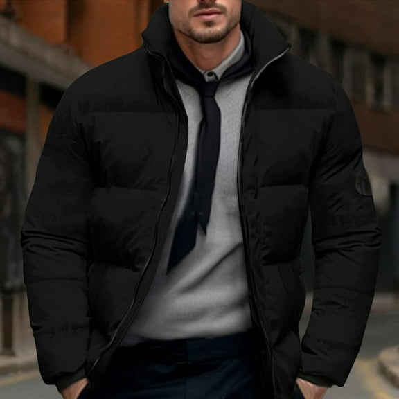 PNTUTB Men's Fashion Solid Color Long Sleeved Stand Up Collar Zipper Pocket Winter Warm Casual Coat