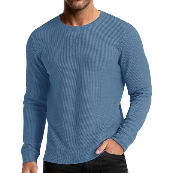 PNTUTB Men's Fashion Solid Color Waffle Weave Casual Long Sleeve Crew Neck Pullover Comfortable Basic Tops