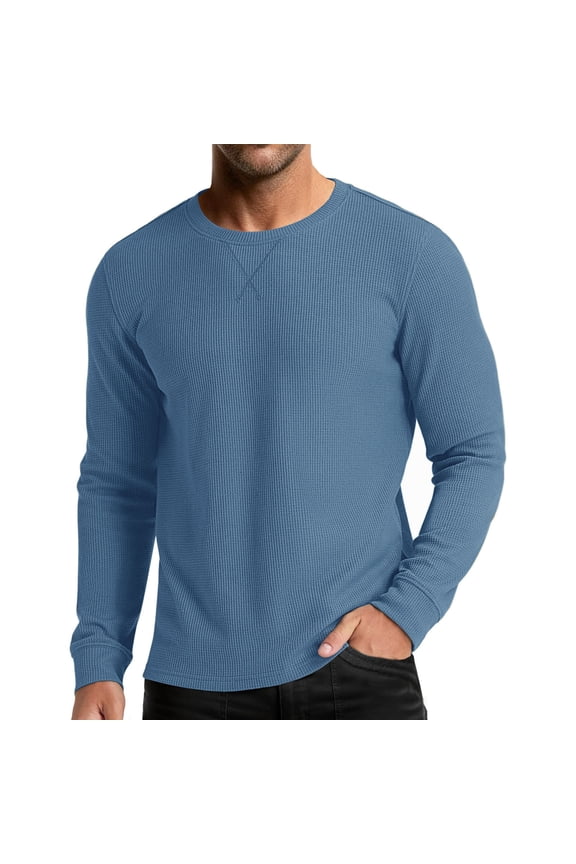 Men's Fashion Solid Color Waffle Weave Casual Long Sleeve Crew Neck Pullover Comfortable Basic Tops