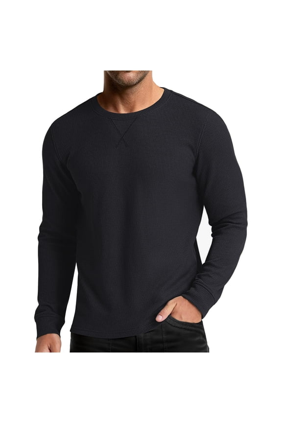 Men's Fashion Solid Color Waffle Weave Casual Long Sleeve Crew Neck Pullover Comfortable Basic Tops