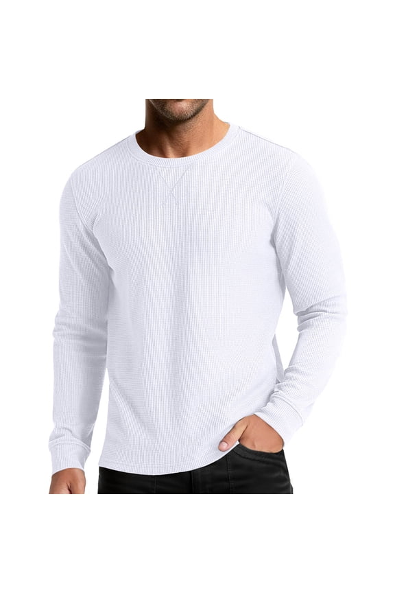 Men's Fashion Solid Color Waffle Weave Casual Long Sleeve Crew Neck Pullover Comfortable Basic Tops