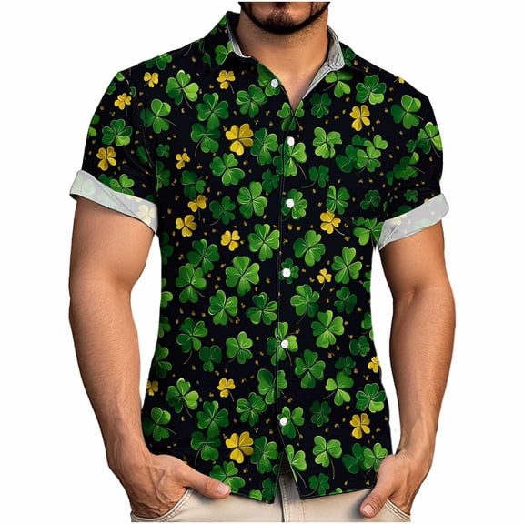 PNTUTB Men's Fashion St. Patrick's Day Print Casual Loose Collar Button Down Cardigan Short Sleeve Blouse