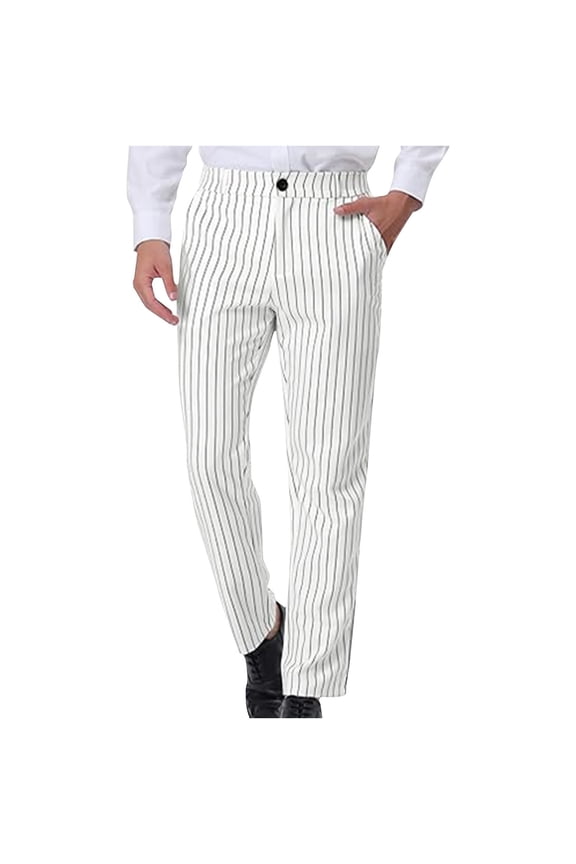 Men's Fashion Striped Casual Button Up Zipper Straight Leg Comfortable Suit Pants with Pockets
