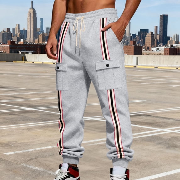 PNTUTB Men's Fashion Striped Elastic Waist Drawstring Multi-Pocket Athletic Casual Cuffed Workwear Pants