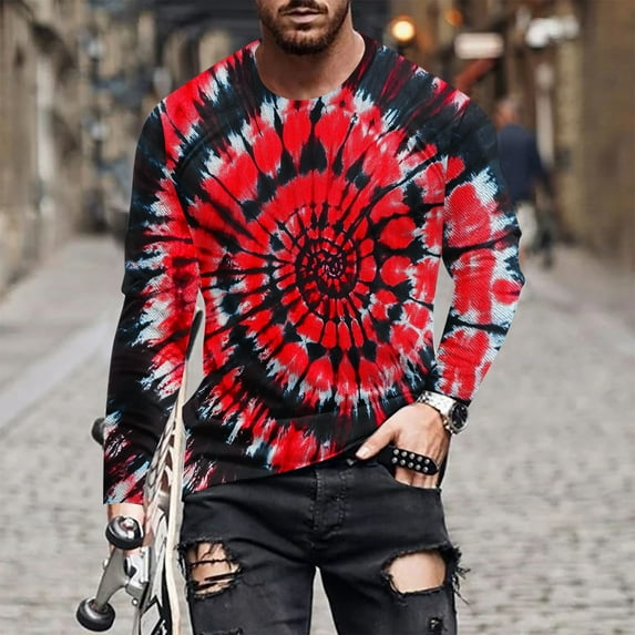 PNTUTB Men's Fashion Tie-dye Print Crew Neck Pullover Casual Long Sleeve Comfortable Breathable Tops