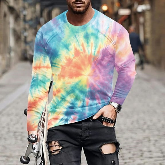 PNTUTB Men's Fashion Trendy Tie-Dye Print Crew Neck Long Sleeve Lightweight Casual Comfort Pullover Tops