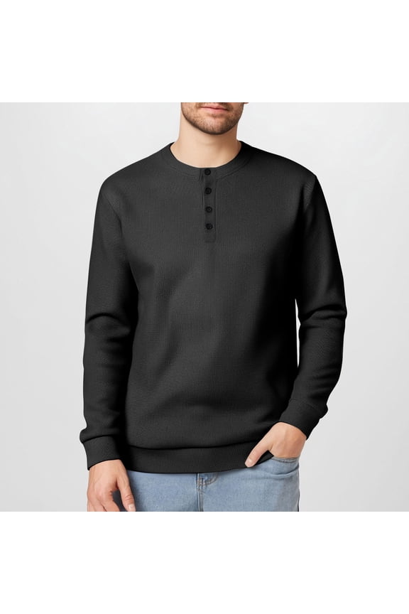 Men's Fashion Waffle Weave Knit Solid Color Button-down Collar Pullover Casual Long Sleeve Tops