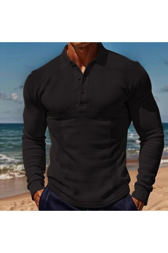 Men's Fashion Waffle Weave Solid Color Shirt Button Down Lapel Collared Long Sleeve Casual Loose Blouses