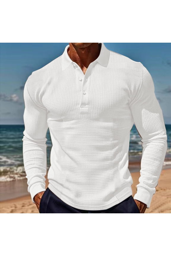 Men's Fashion Waffle Weave Solid Color Shirt Button Down Lapel Collared Long Sleeve Casual Loose Blouses