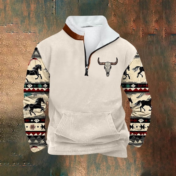 PNTUTB Men's Fleece Stand-up Collar Quarter Zip Casual Retro Ethnic Print Warm Pullover Sweatshirts with Pocket