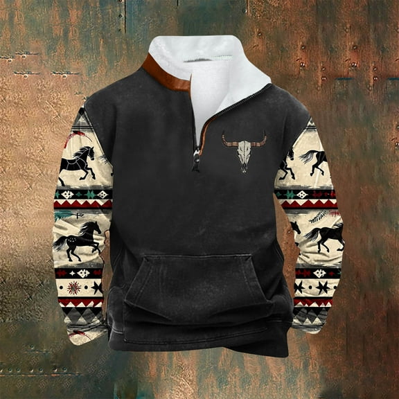 PNTUTB Men's Fleece Stand-up Collar Quarter Zip Casual Retro Ethnic Print Warm Pullover Sweatshirts with Pocket