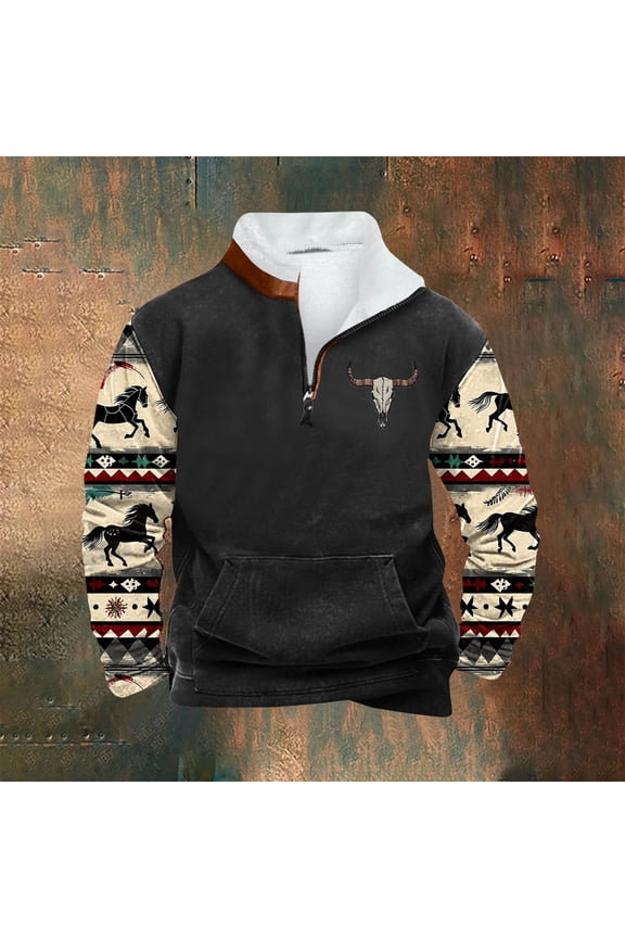 Men's Fleece Stand-up Collar Quarter Zip Casual Retro Ethnic Print Warm Pullover Sweatshirts with Pocket