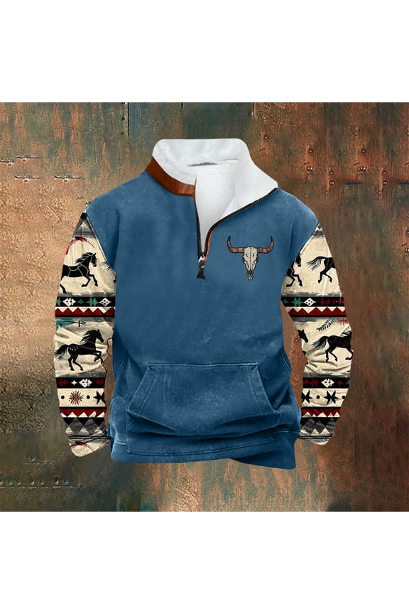 Men's Fleece Stand-up Collar Quarter Zip Casual Retro Ethnic Print Warm Pullover Sweatshirts with Pocket