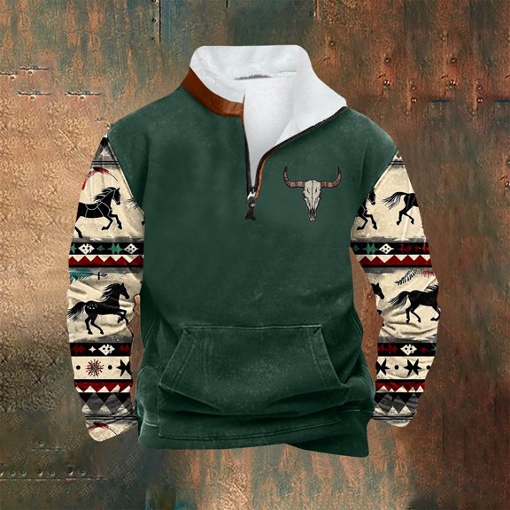 PNTUTB Men's Fleece Stand-up Collar Quarter Zip Casual Retro Ethnic Print Warm Pullover Sweatshirts with Pocket