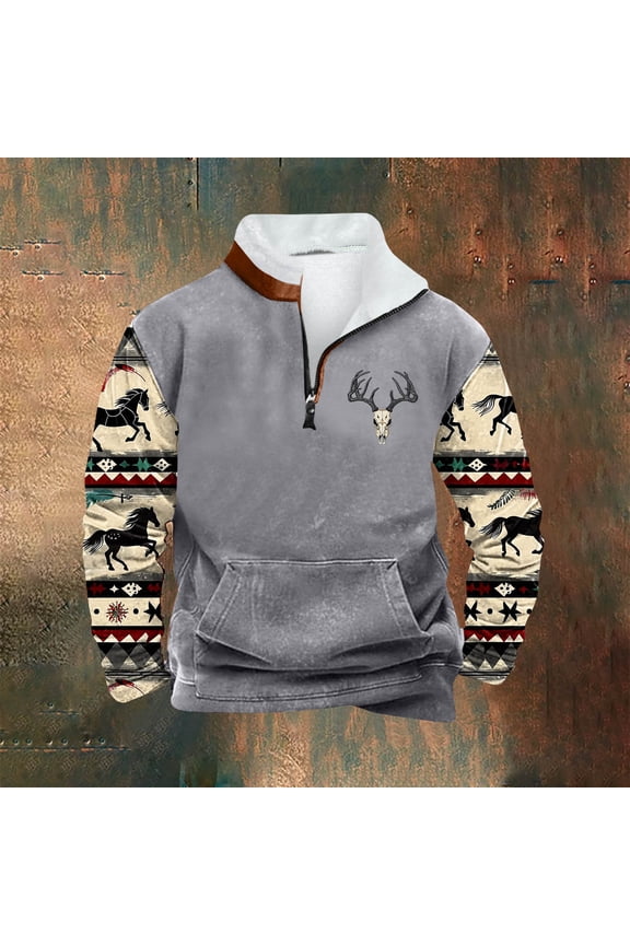 Men's Fleece Stand-up Collar Quarter Zip Casual Retro Ethnic Print Warm Pullover Sweatshirts with Pocket