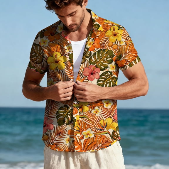 PNTUTB Men's Hawaiian Fashion Print Resort Style Collared Short Sleeve Button Down Casual Loose Comfort Blouse