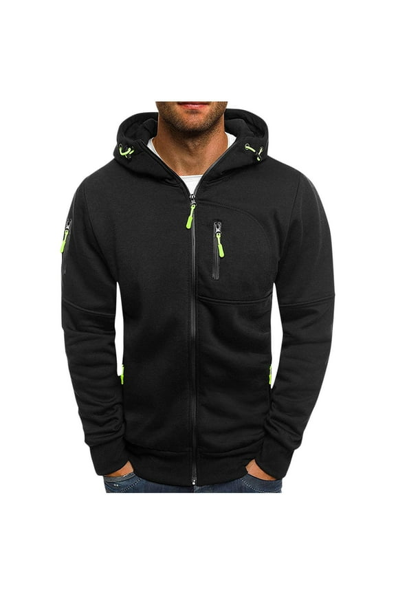 Men's Hooded Jacket with Multi-pocket Long Sleeve Printed Zipper Hoodie Coat Casual Outerwear
