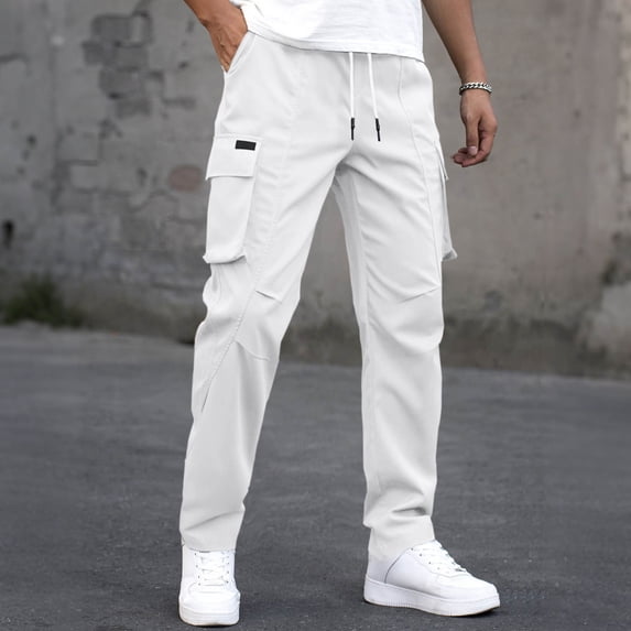 PNTUTB Men's Outdoor Casual Solid Color Elastic Waist Drawstring Comfort Straight Leg Work Pants with Multiple Pockets