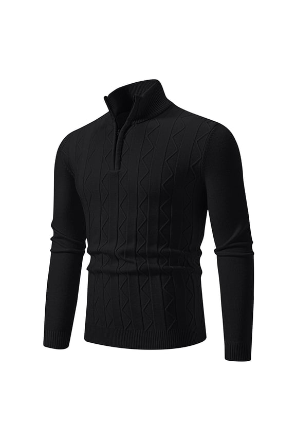 Men's Quarter Zip Pullover Sweater Casual Long Sleeve Stand Collar Wavy Texture Knitted Sweaters