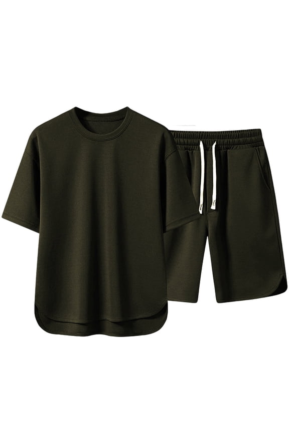 Men's Short Sleeve Drawstring Short Suit T Shirt and Shorts Set Pockets Oversize Two Piece Casual Set