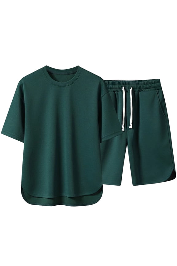 Men's Short Sleeve Drawstring Short Suit T Shirt and Shorts Set Pockets Oversize Two Piece Casual Set