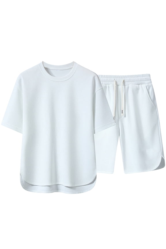 Men's Short Sleeve Drawstring Short Suit T Shirt and Shorts Set Pockets Oversize Two Piece Casual Set
