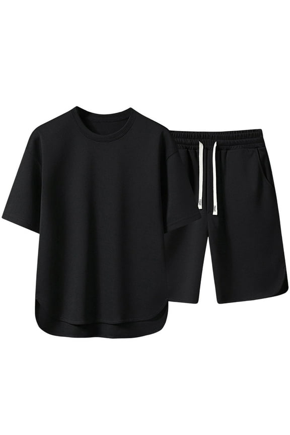 Men's Short Sleeve Drawstring Short Suit T Shirt and Shorts Set Pockets Oversize Two Piece Casual Set