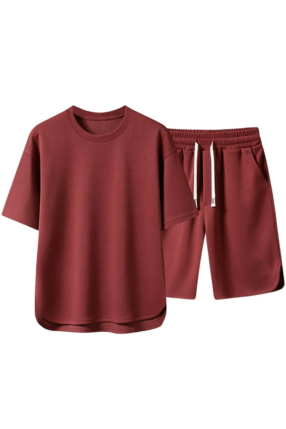 Men's Short Sleeve Drawstring Short Suit T Shirt and Shorts Set Pockets Oversize Two Piece Casual Set
