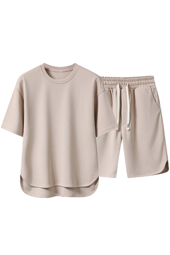 Men's Short Sleeve Drawstring Short Suit T Shirt and Shorts Set Pockets Oversize Two Piece Casual Set