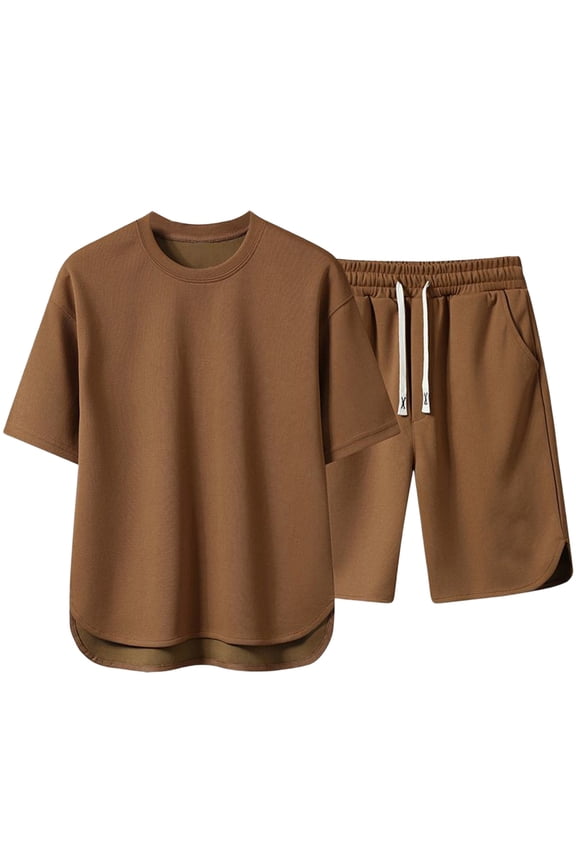 Men's Short Sleeve Drawstring Short Suit T Shirt and Shorts Set Pockets Oversize Two Piece Casual Set