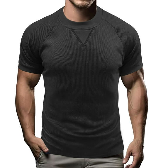 PNTUTB Men's Short Sleeved Threaded Round Neck T-shirt Solid Color Casual Round Neck Top