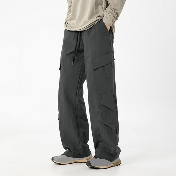 PNTUTB Men's Solid Color Baggy Cargo Pants Elastic Waist Drawstring Pleats Casual Pants with Multi Pockets