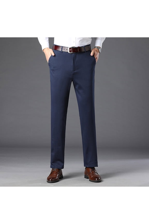 Men's Solid Color Business Suit Pants Casual Commuter Pockets Button Zipper Straight Leg Pants