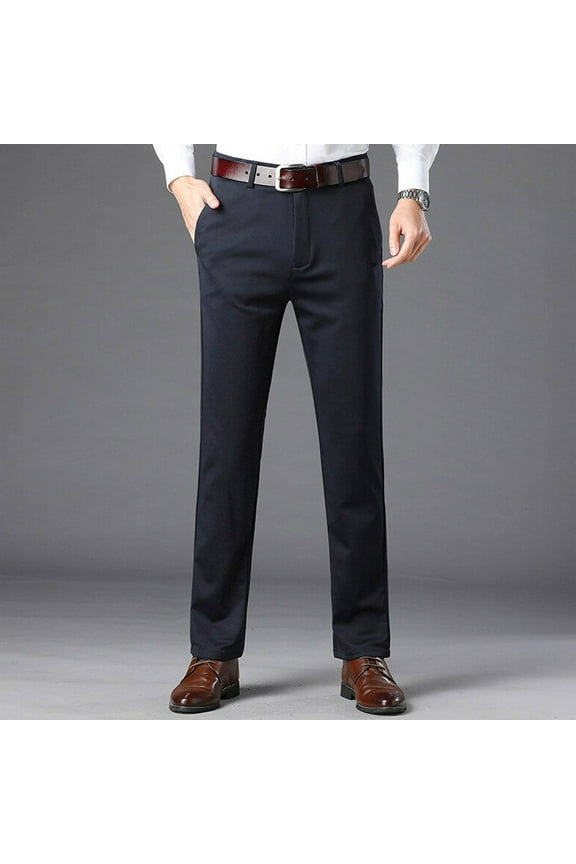 Men's Solid Color Business Suit Pants Casual Commuter Pockets Button Zipper Straight Leg Pants