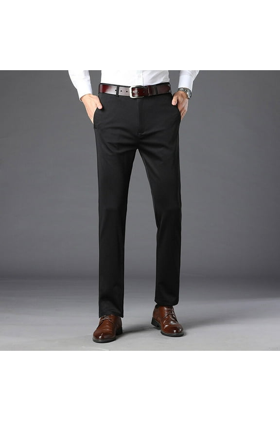 Men's Solid Color Business Suit Pants Casual Commuter Pockets Button Zipper Straight Leg Pants