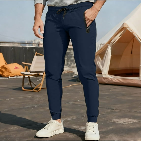 PNTUTB Men's Solid Color Casual Athletic Elastic Waist Drawstring Straight Leg Pants with Zipper Pockets