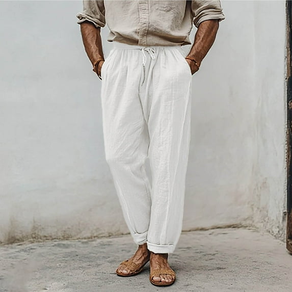 PNTUTB Men's Solid Color Casual Comfort Linen Pants Elastic Drawstring Waist Straight Legs Loose Long Pants with Pockets