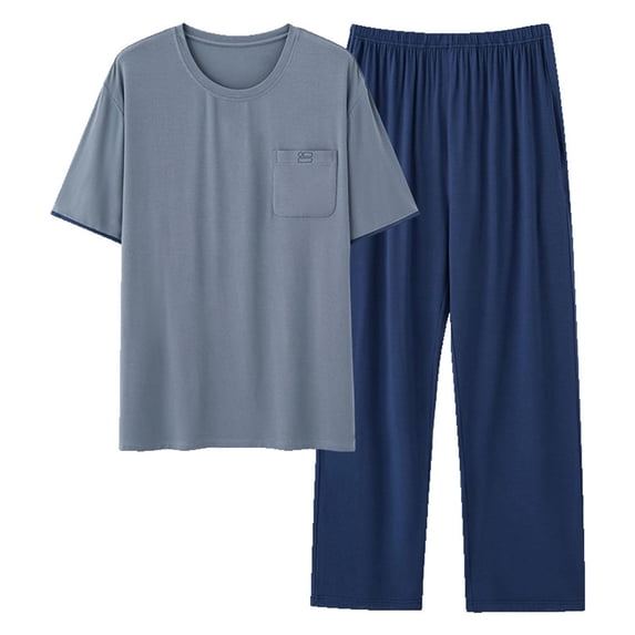 PNTUTB Men's Solid Color Casual Loose Crew Neck Short Sleeve Pocket T Shirt with Elastic Waistband Pants Homewear Set