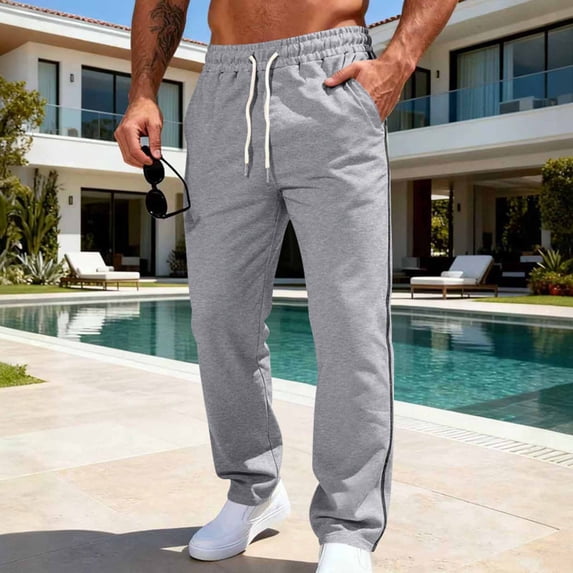 PNTUTB Men's Solid Color Casual Loose Elastic Waist Drawstring Side Seam Straight Leg Pants with Pockets