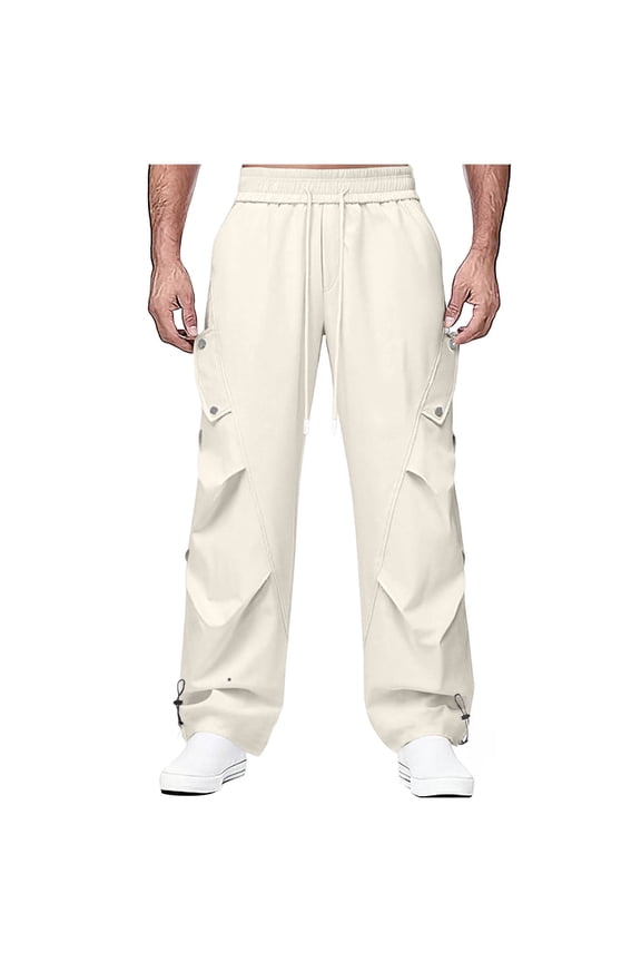 Men's Solid Color Casual Loose Elastic Waist Drawstring Waterproof Windbreaker Pants with Multiple Pockets