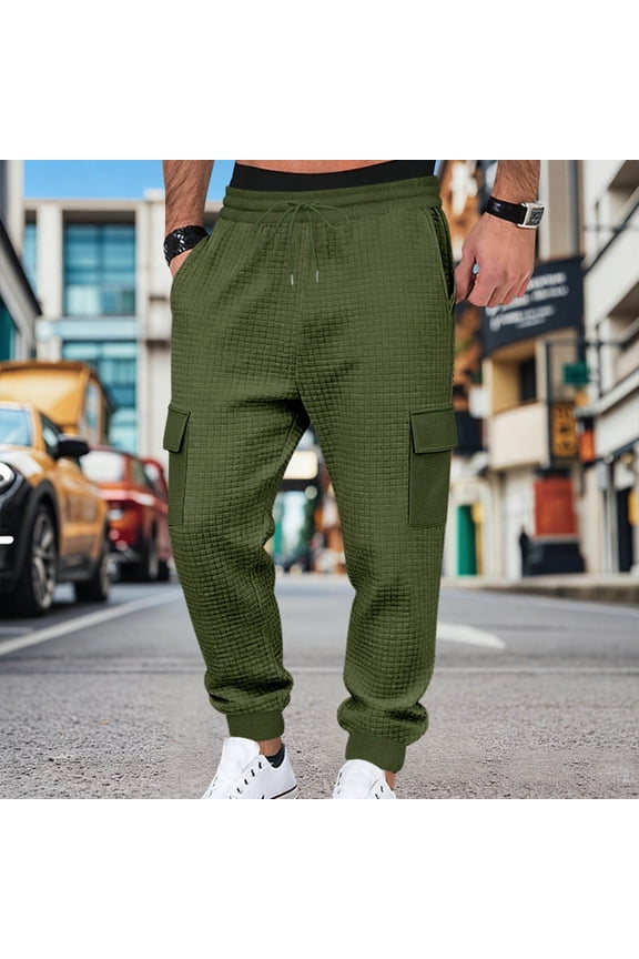 Men's Solid Color Checkered Texture Casual Comfort Elastic Waist Drawstring Cuffed Multi-Pocket Work Pants