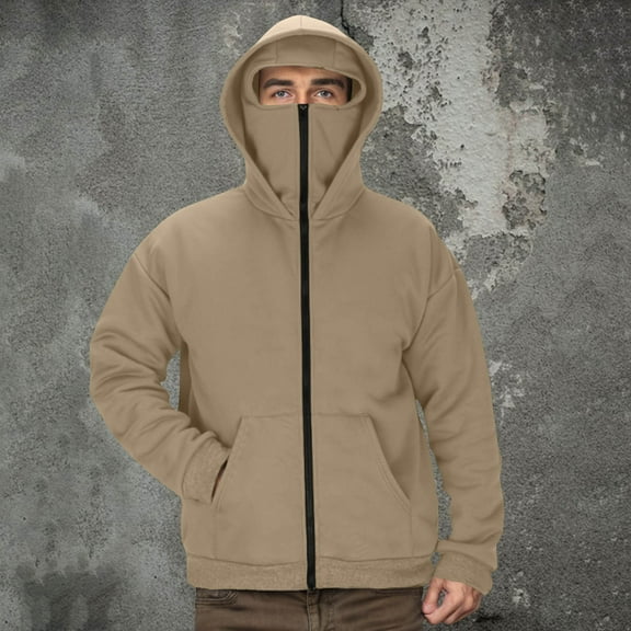 PNTUTB Men's Solid Color Double-Layer Hooded Face-Covering Design Long-Sleeved Fashionable Warm Coat