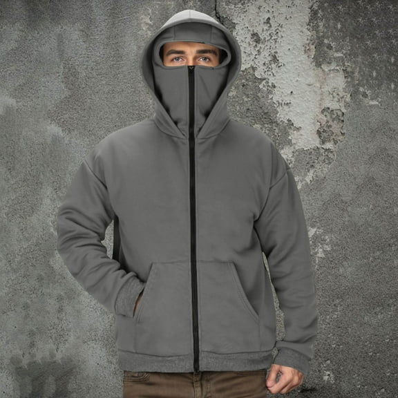 PNTUTB Men's Solid Color Double-Layer Hooded Face-Covering Design Long-Sleeved Fashionable Warm Coat