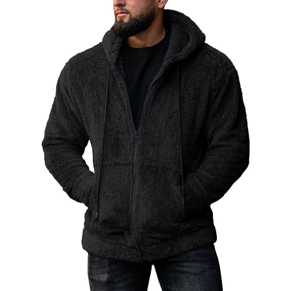 PNTUTB Men's Solid Color Double-sided Fleece Full Zipper Pocket Long Sleeve Hooded Drawstring Warm Coat