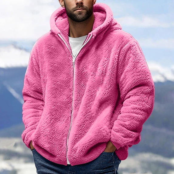 PNTUTB Men's Solid Color Double-sided Fleece Soft Comfortable Full Zip Long Sleeve Warm Hooded Coat