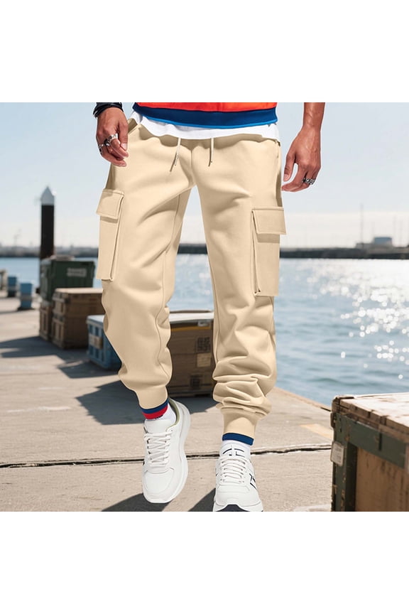 Men's Solid Color Elastic Drawstring Waist Cuffed Hem Casual Loose Comfort Sport Long Pants with Multi-pocket