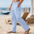 thumbnail image 1 of PNTUTB Men's Solid Color Elastic Waist Drawstring Casual Comfortable Straight Leg Linen Pants with Multiple Pockets, 1 of 6